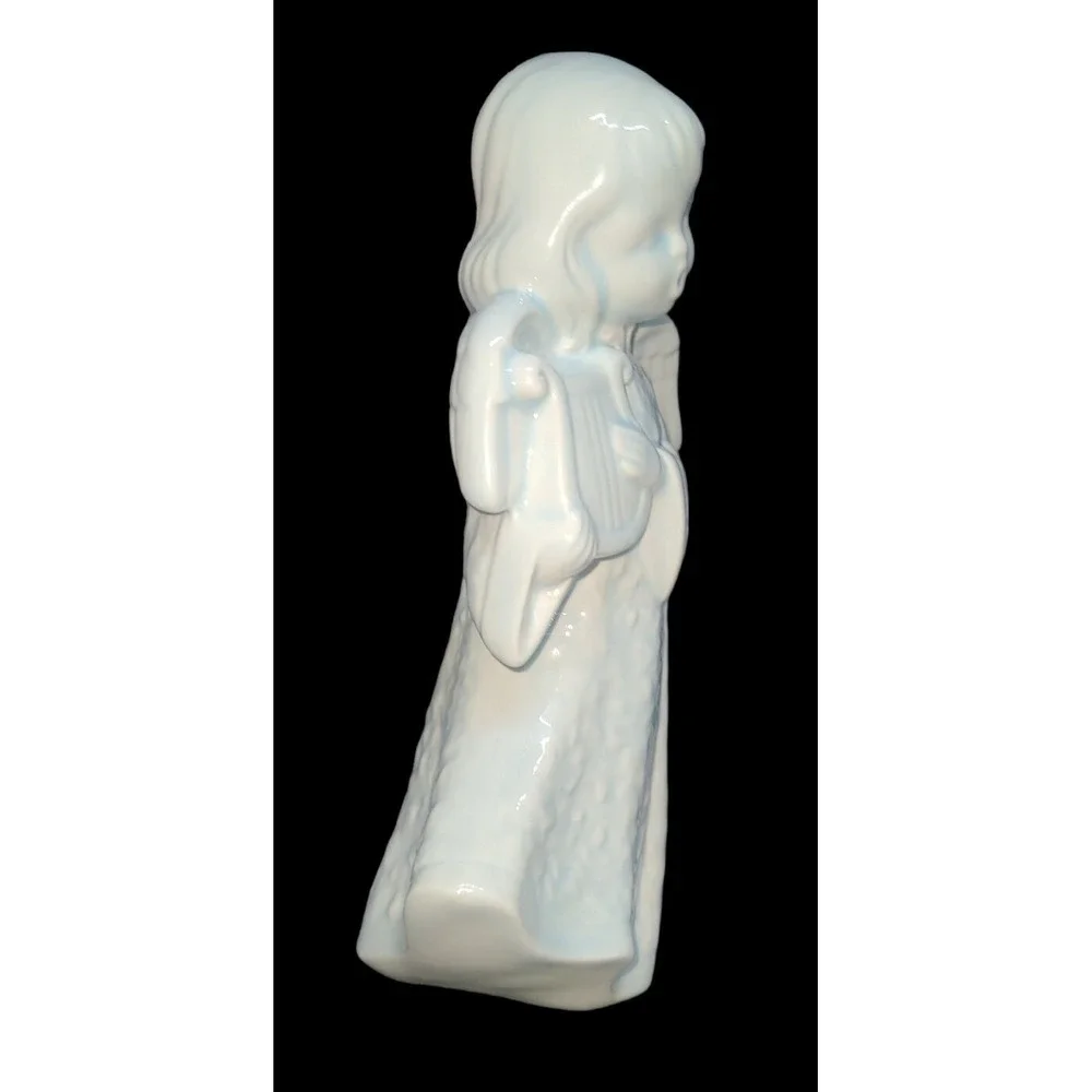 Vintage 8-in Ceramic Angel Girl Playing Harp Mid-century figurine‎ Light Blue